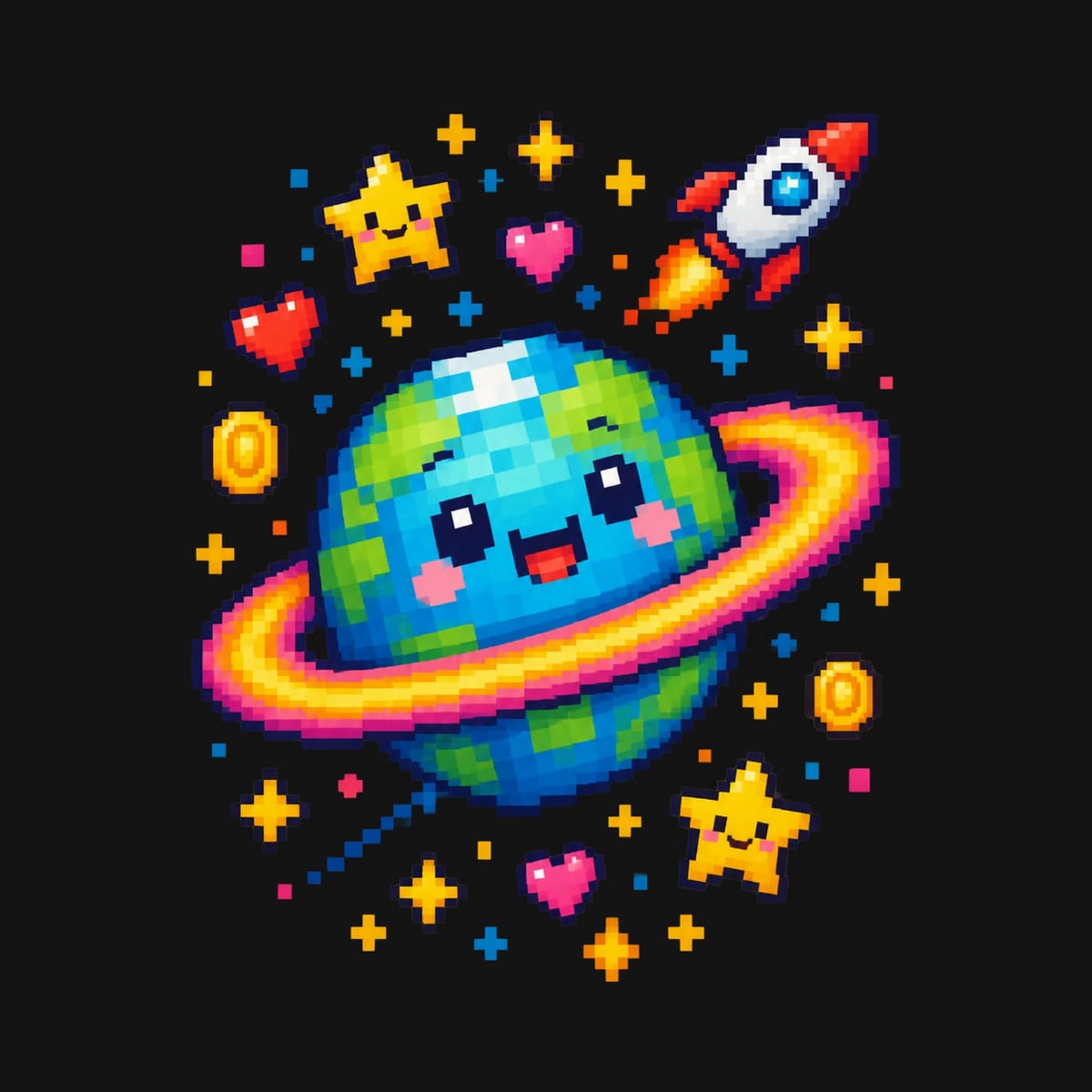 Koszulka z planetą dla chłopca czarna styl pixel art, zdjęcie 2