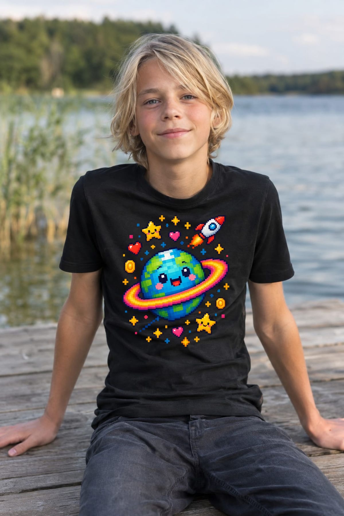 Koszulka z planetą dla chłopca czarna styl pixel art, zdjęcie 5