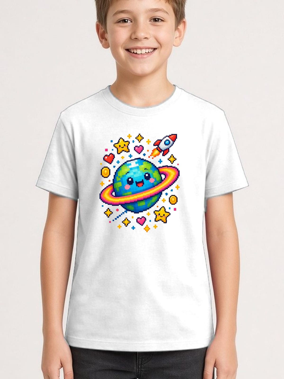 Koszulka z planetą dla chłopca biała styl pixel art