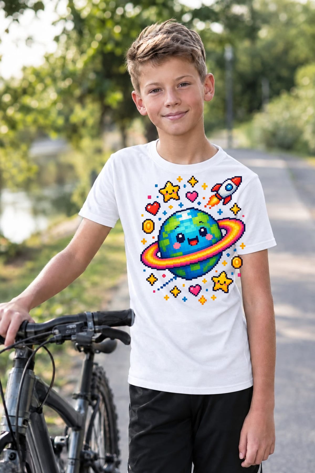 Koszulka z planetą dla chłopca biała styl pixel art, zdjęcie 7