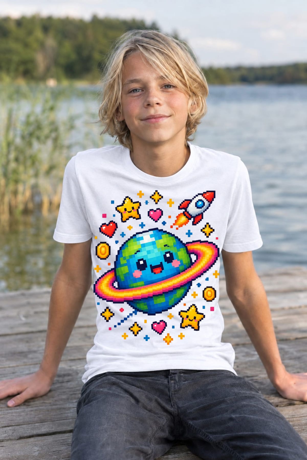 Koszulka z planetą dla chłopca biała styl pixel art, zdjęcie 8