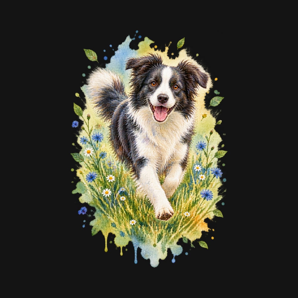 Koszulka z border collie dla dziewczynki czarna miękka akwarela, zdjęcie 2