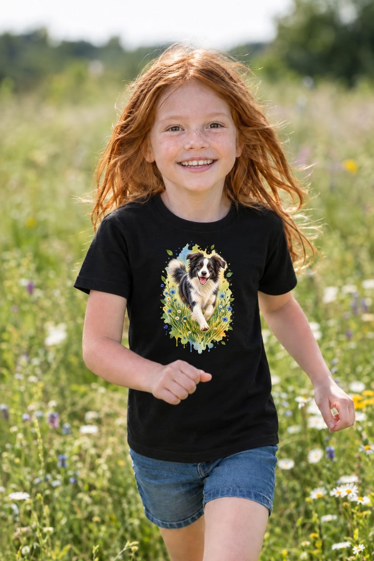 Koszulka z border collie dla dziewczynki czarna miękka akwarela, zdjęcie 8