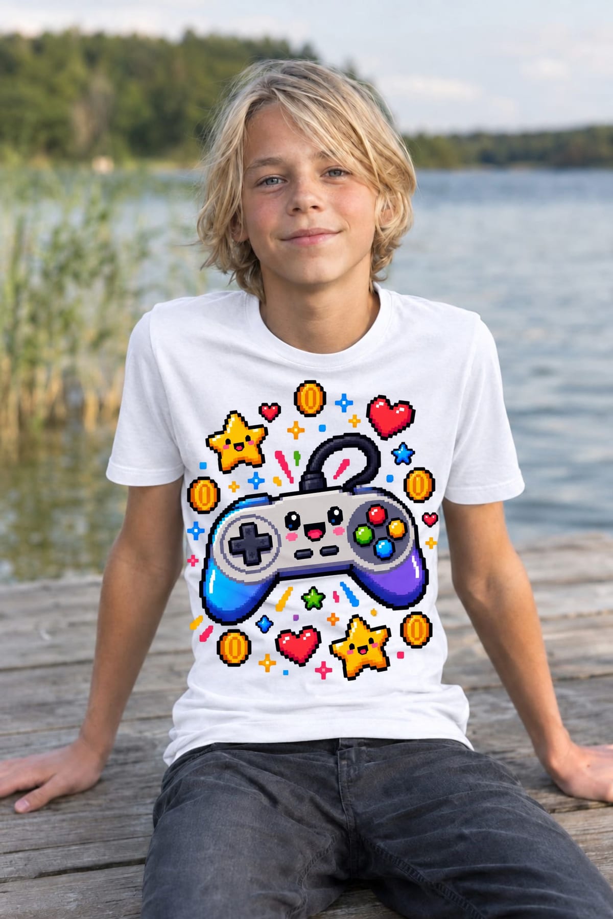 Koszulka z padem dla chłopca biała pixel art, zdjęcie 3
