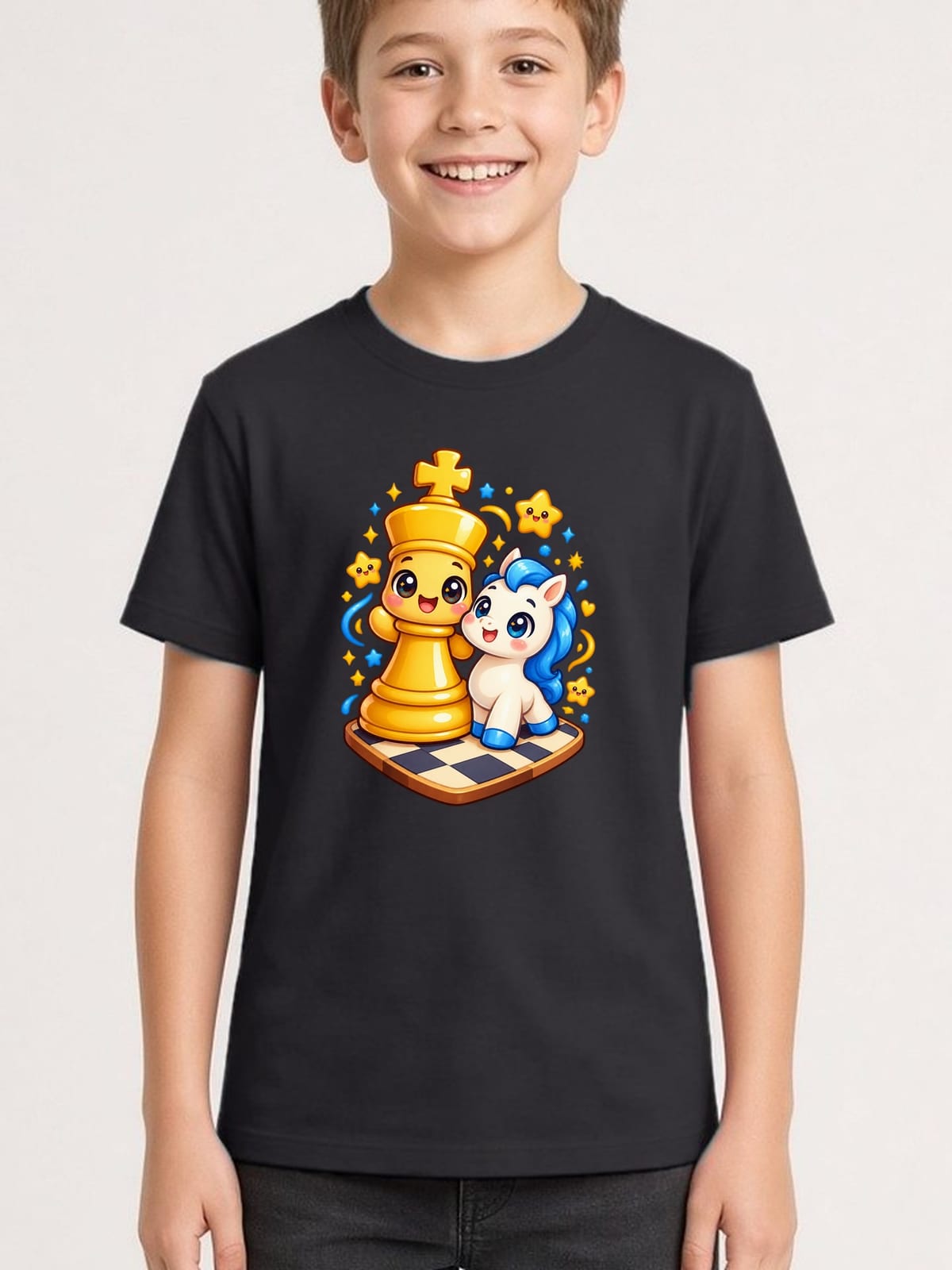 Koszulka z szachami dla chłopca czarna słodki styl kawaii