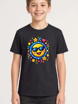 Koszulka z emoji dla chłopca czarna pixel art w kółku