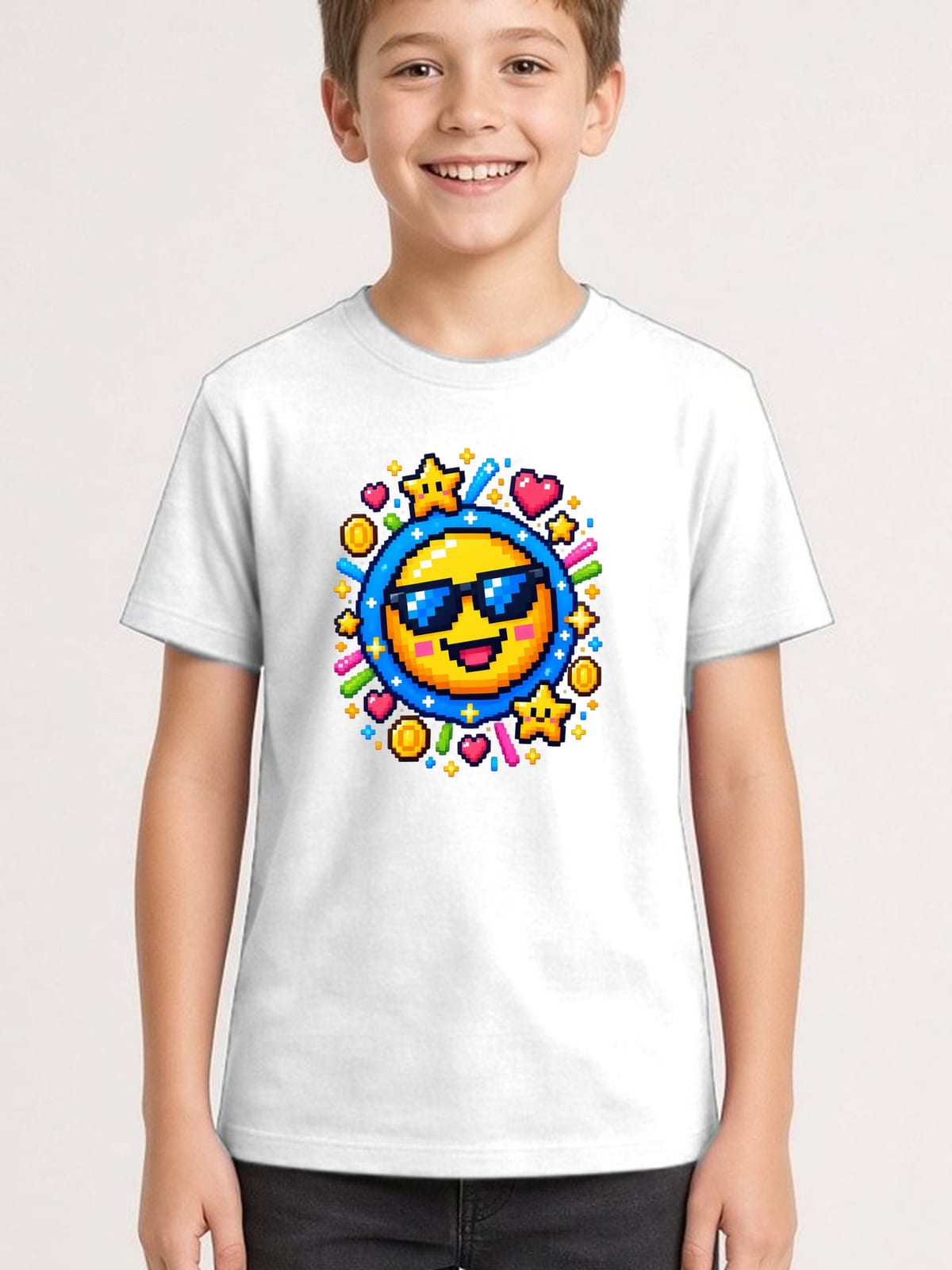 Koszulka z emoji dla chłopca biała pixel art w kółku