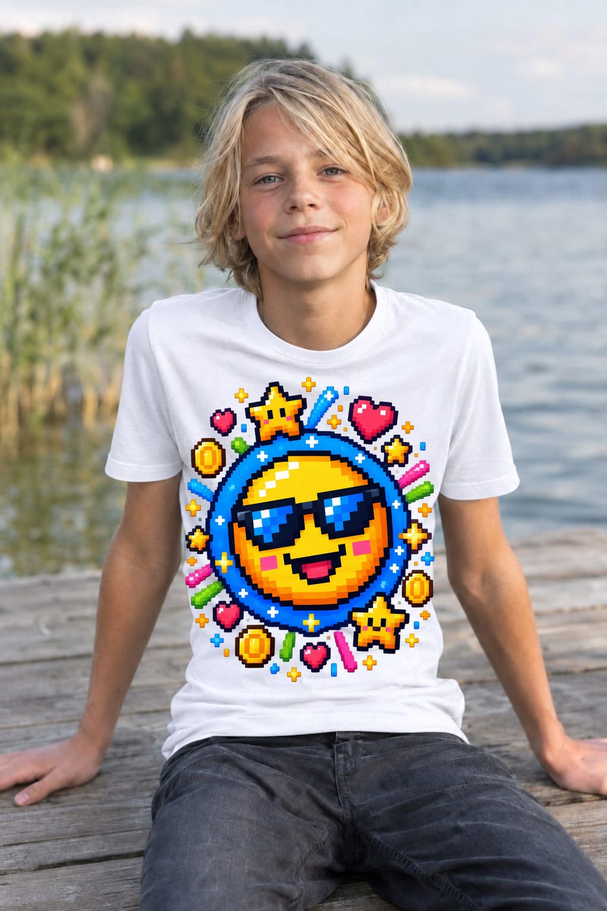 Koszulka z emoji dla chłopca biała pixel art w kółku, zdjęcie 5