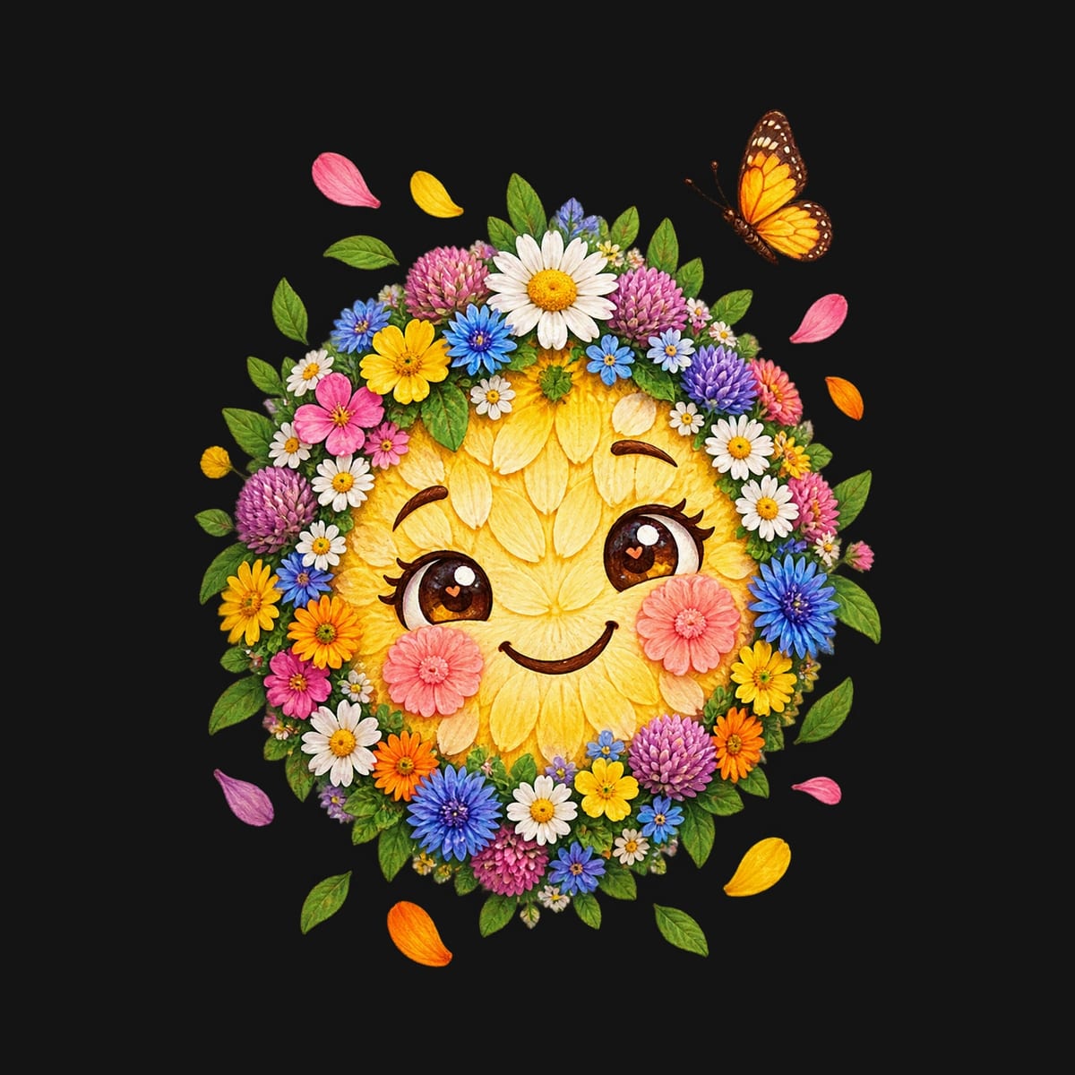 Koszulka z emoji dla dziewczynki czarna z kwiatowych płatków, zdjęcie 2
