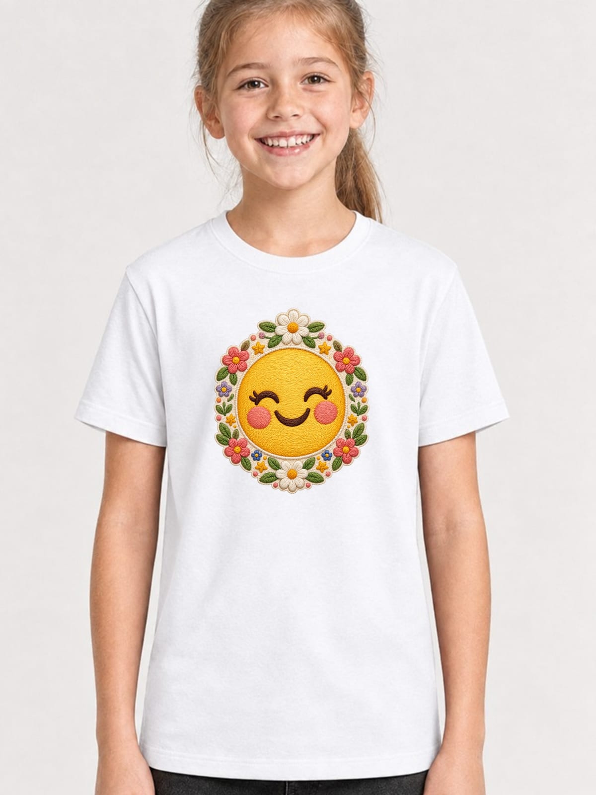 Koszulka z emoji dla dziewczynki biała haftowana faktura