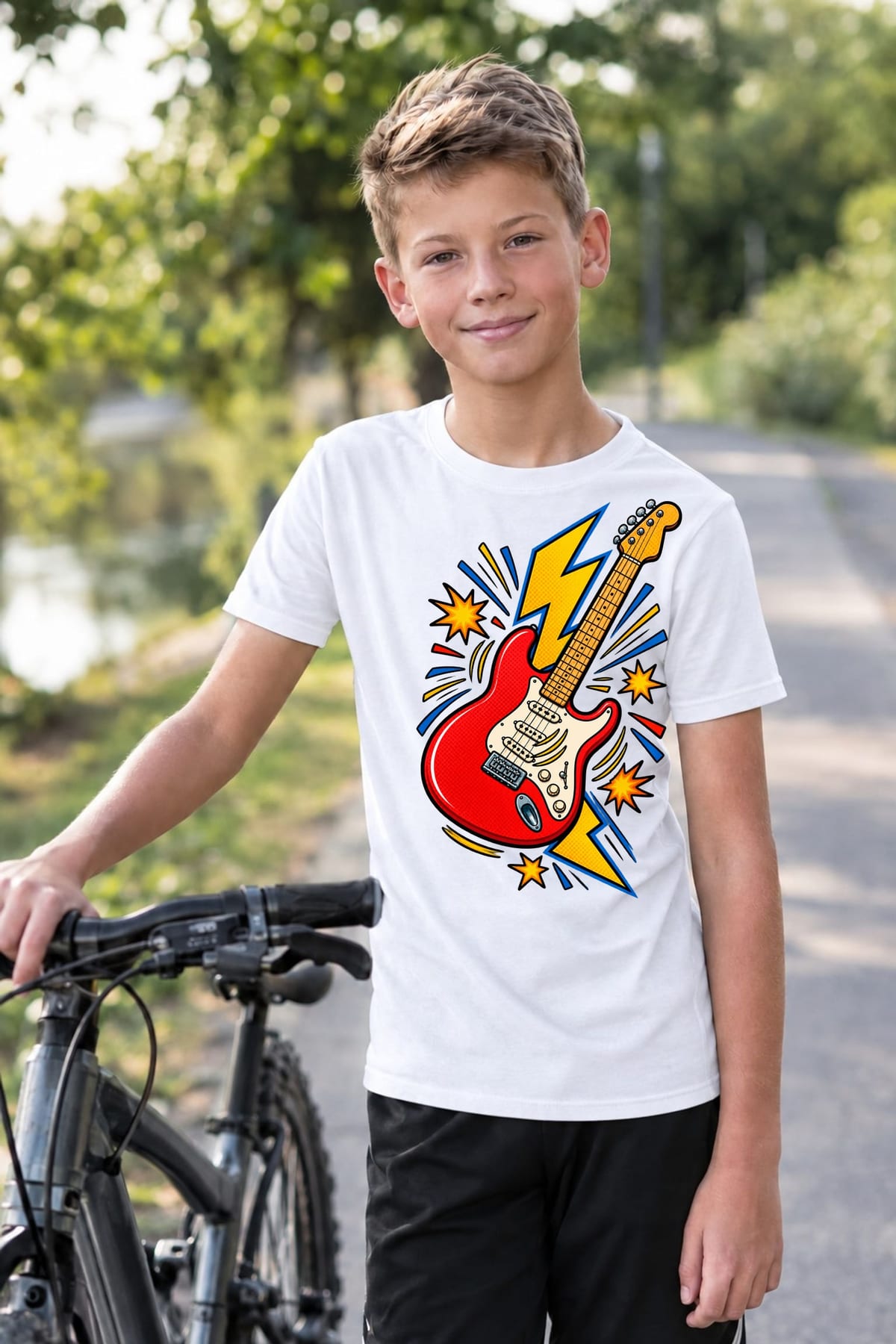 Koszulka dziecięca z gitarą elektryczną dla chłopca biała komiks, zdjęcie 8