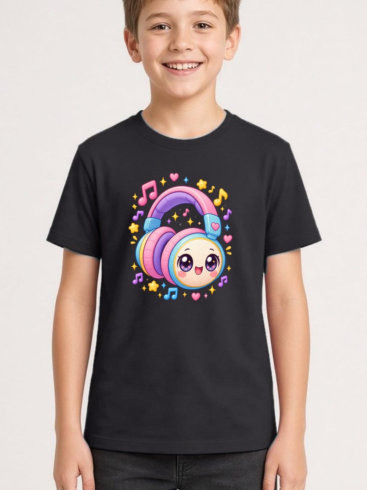 Koszulka ze słuchawkami dla chłopca czarna słodki styl kawaii, zdjęcie 1