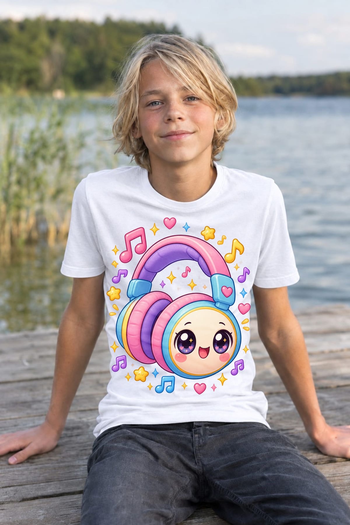 Koszulka ze słuchawkami dla chłopca biała słodki styl kawaii, zdjęcie 3