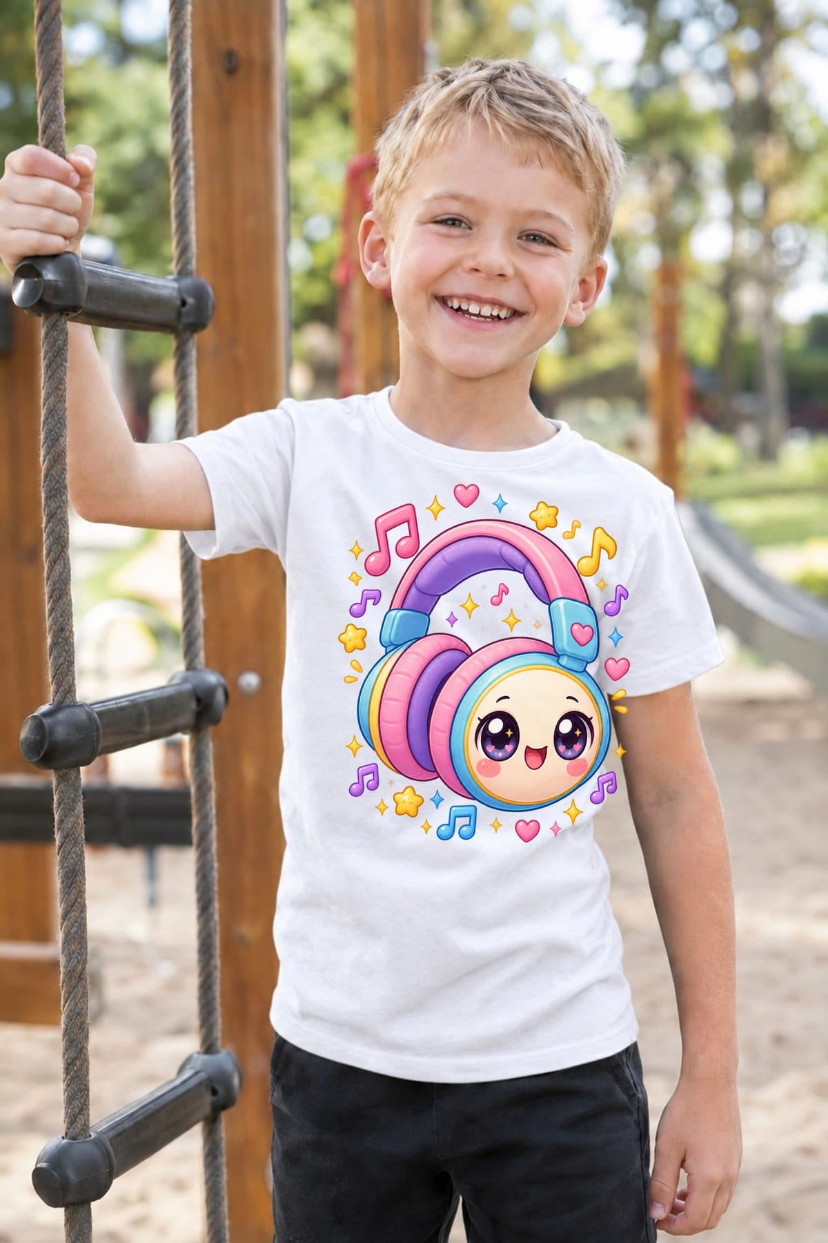 Koszulka ze słuchawkami dla chłopca biała słodki styl kawaii, zdjęcie 4