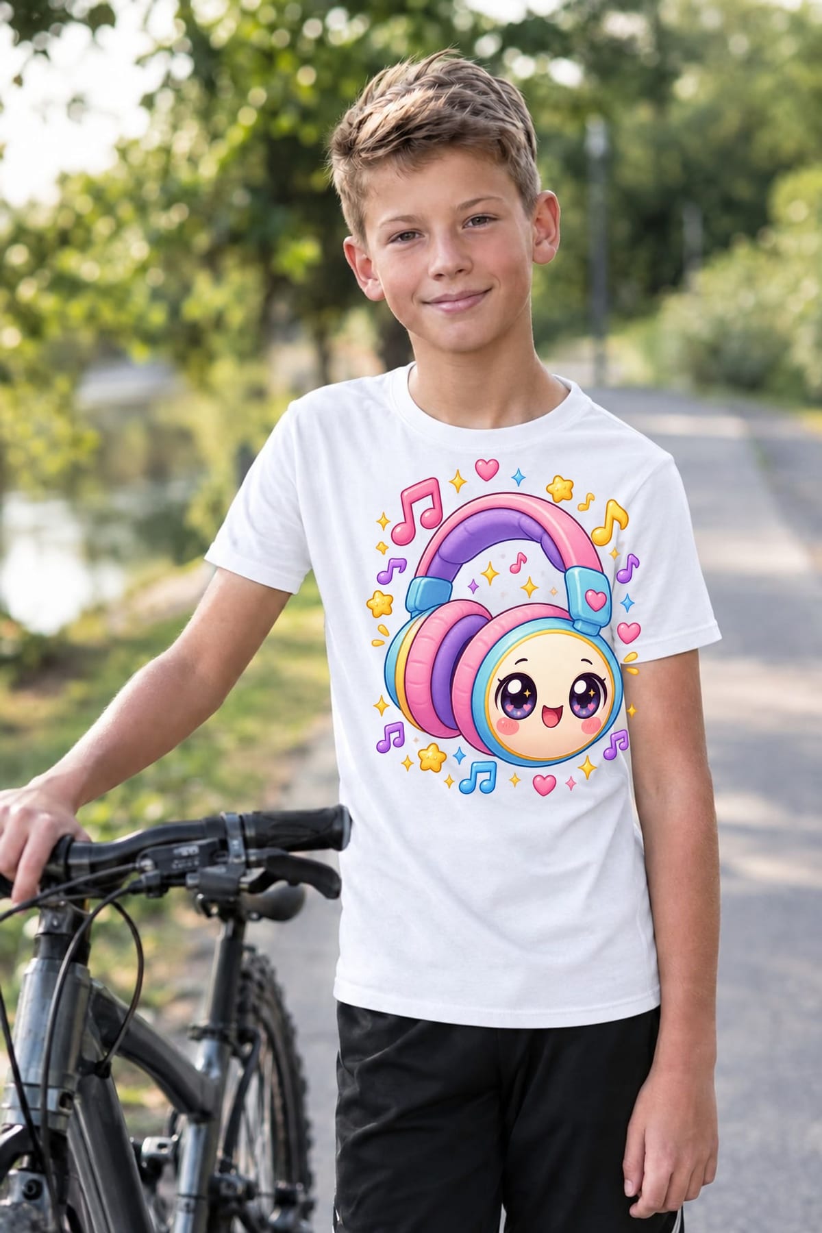 Koszulka ze słuchawkami dla chłopca biała słodki styl kawaii, zdjęcie 7