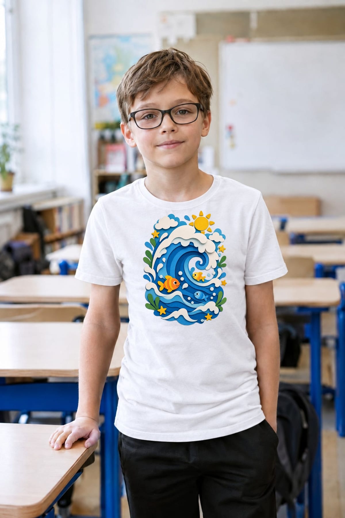 Koszulka z falą dla chłopca biała papierowa wycinanka 3D, zdjęcie 6