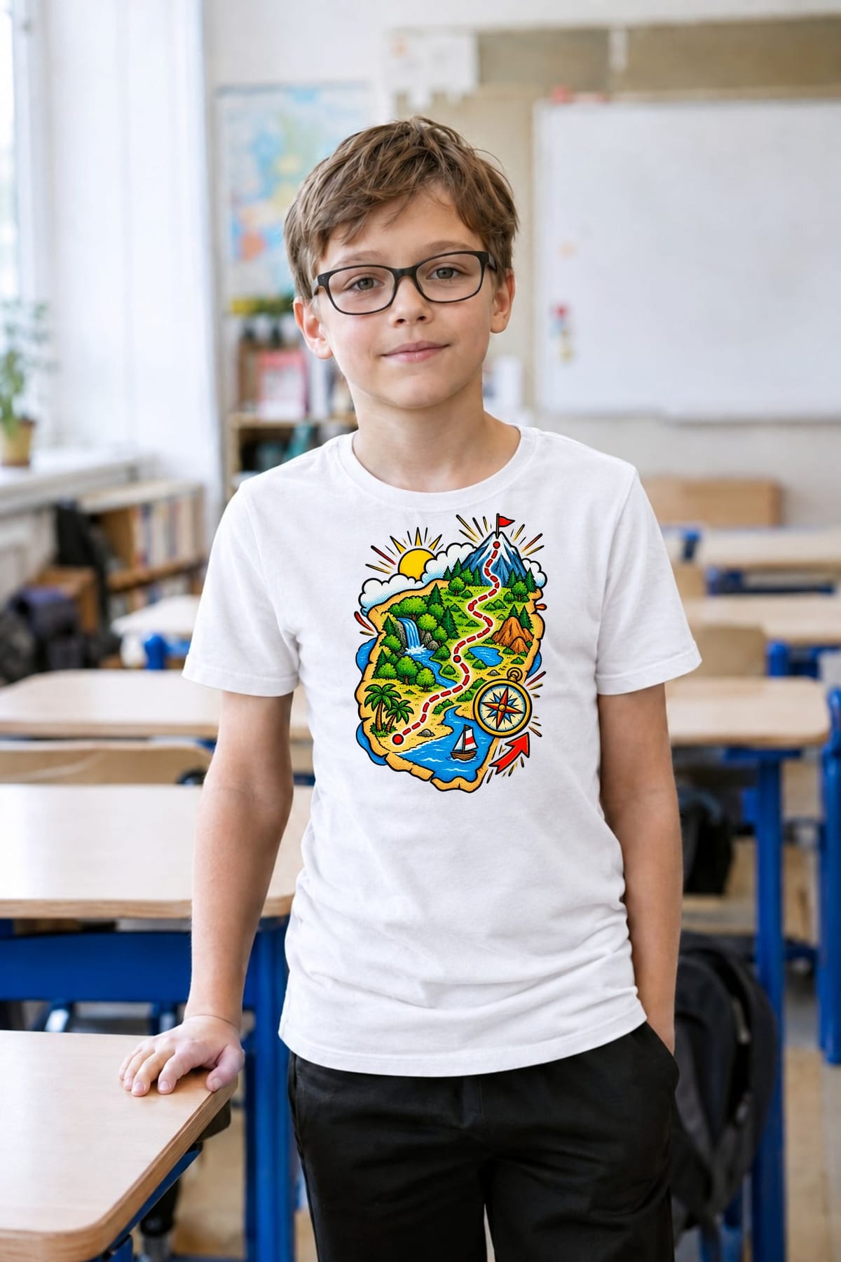 Koszulka z mapą dla chłopca biała komiksowa dynamika, zdjęcie 4