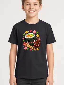 Koszulka z sushi dla chłopca czarna słodkie kawaii z buziami