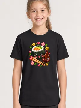 Koszulka z sushi dla dziewczynki czarna słodkie kawaii z buziami