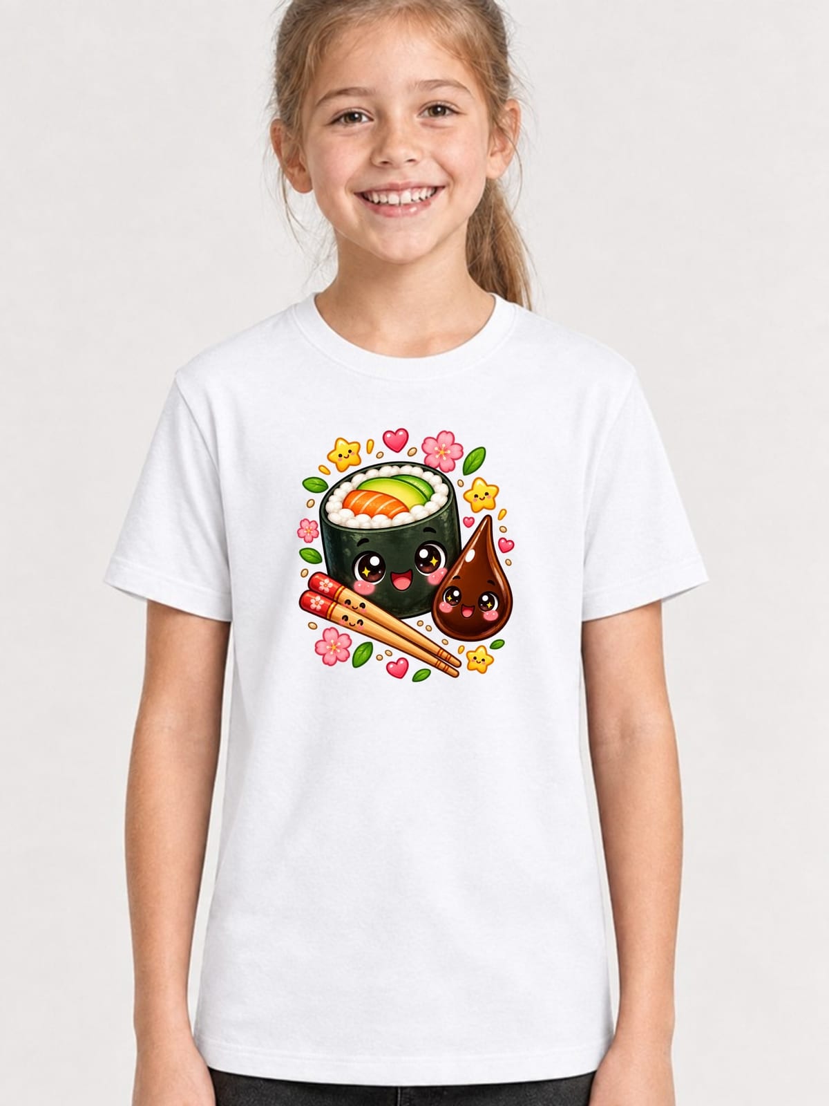 Koszulka z sushi dla dziewczynki biała słodkie kawaii z buziami
