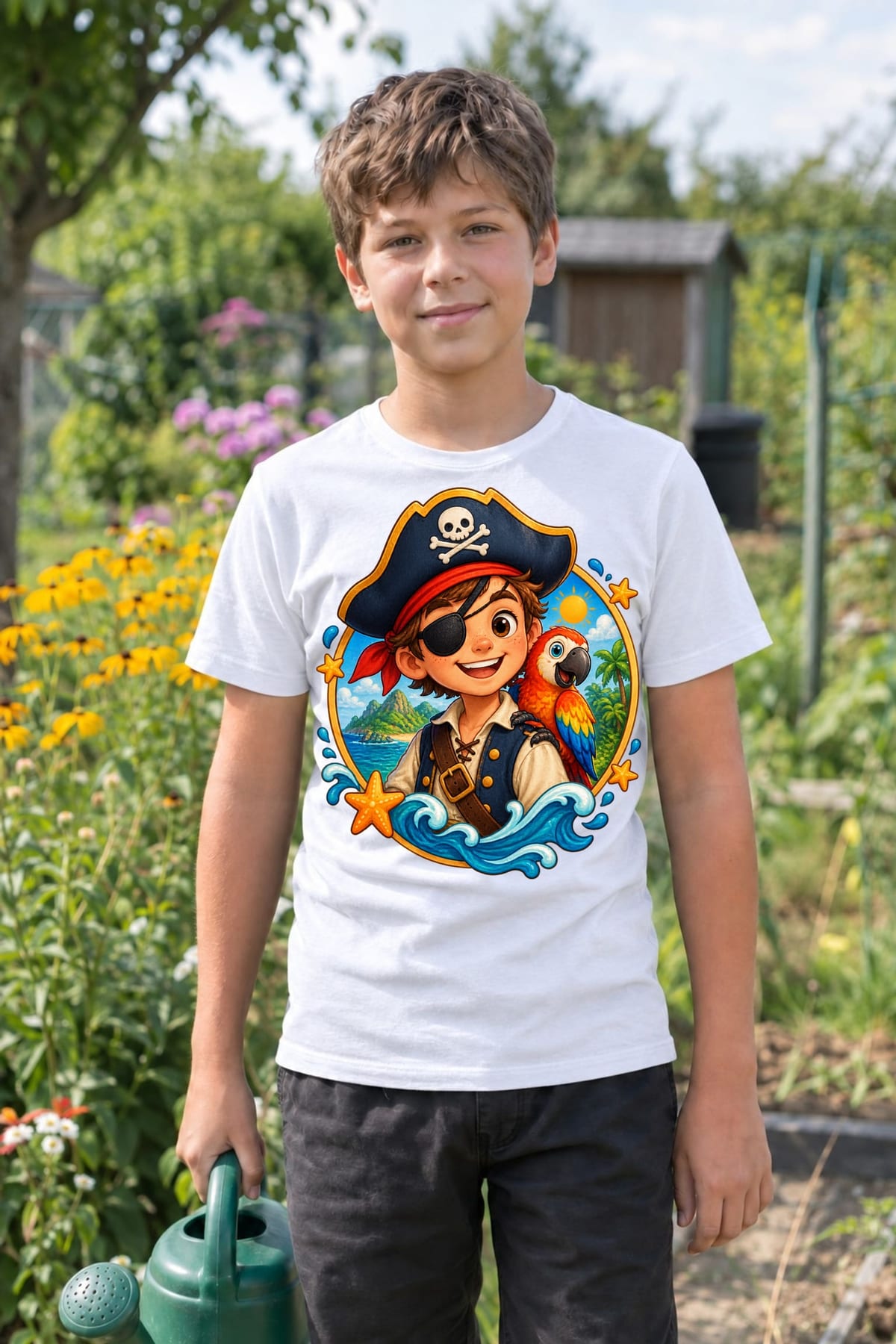 Koszulka z piratem dla chłopca biała okrągła scena odznaki, zdjęcie 3