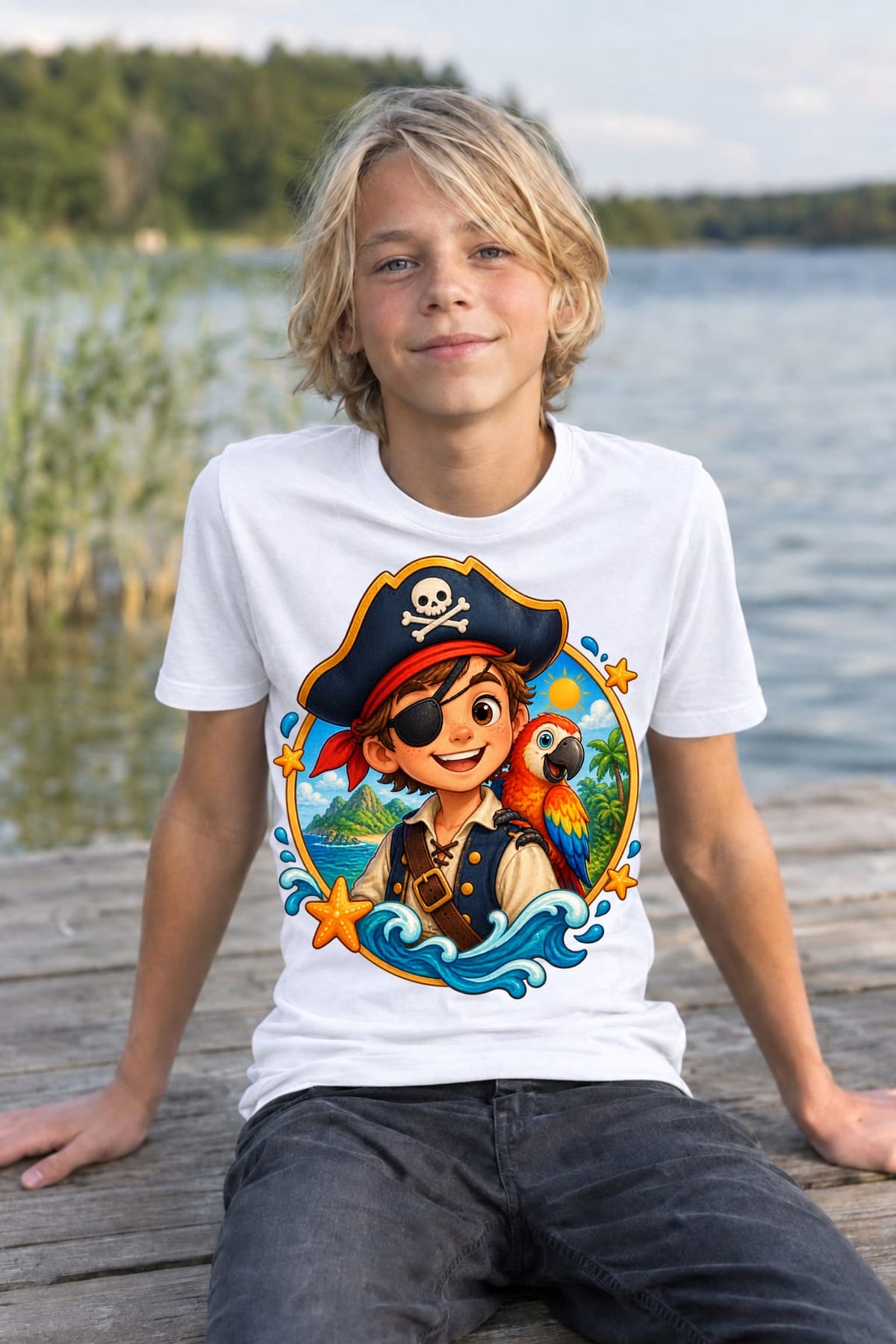 Koszulka z piratem dla chłopca biała okrągła scena odznaki, zdjęcie 5