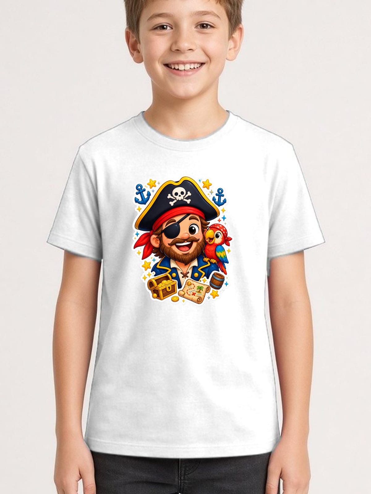 Koszulka dziecięca z piratem dla chłopca biała styl naklejki, zdjęcie 1