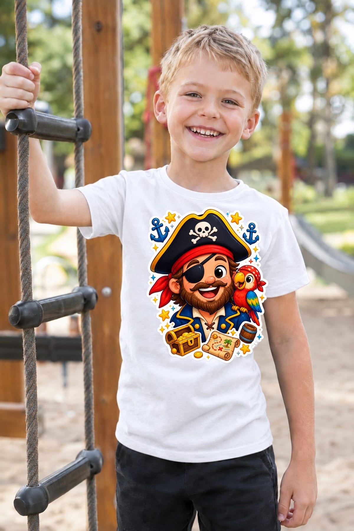 Koszulka dziecięca z piratem dla chłopca biała styl naklejki, zdjęcie 4
