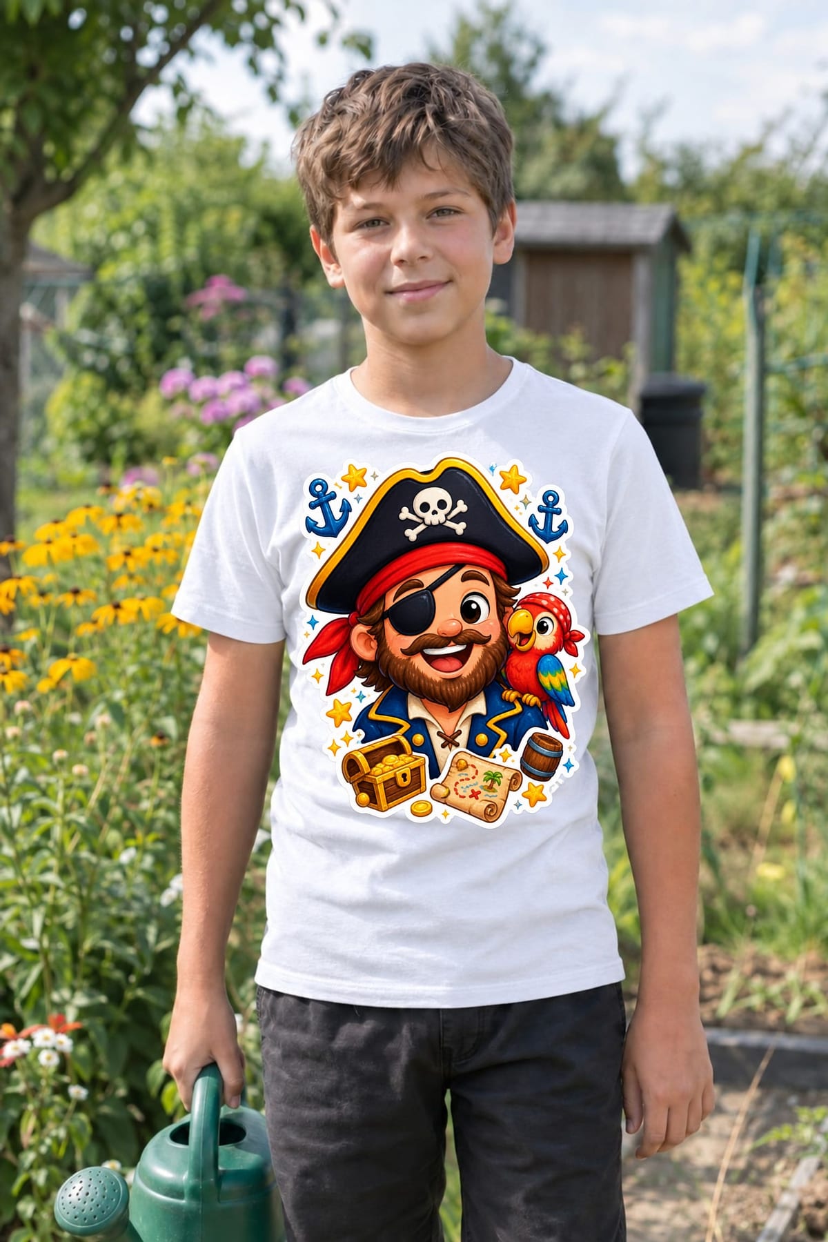 Koszulka dziecięca z piratem dla chłopca biała styl naklejki, zdjęcie 8