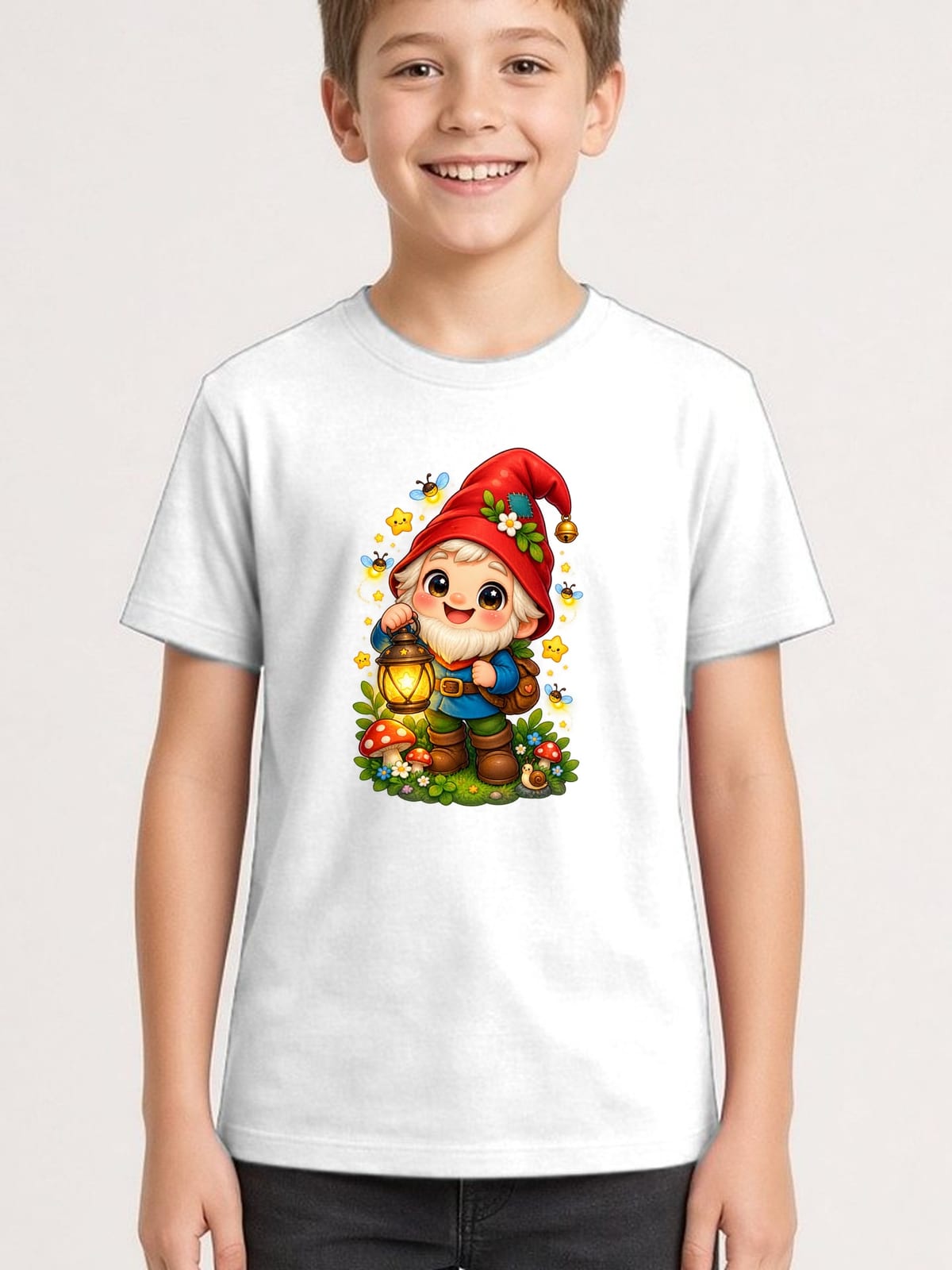 Koszulka z krasnoludkiem dla chłopca biała słodki styl kawaii, zdjęcie 1