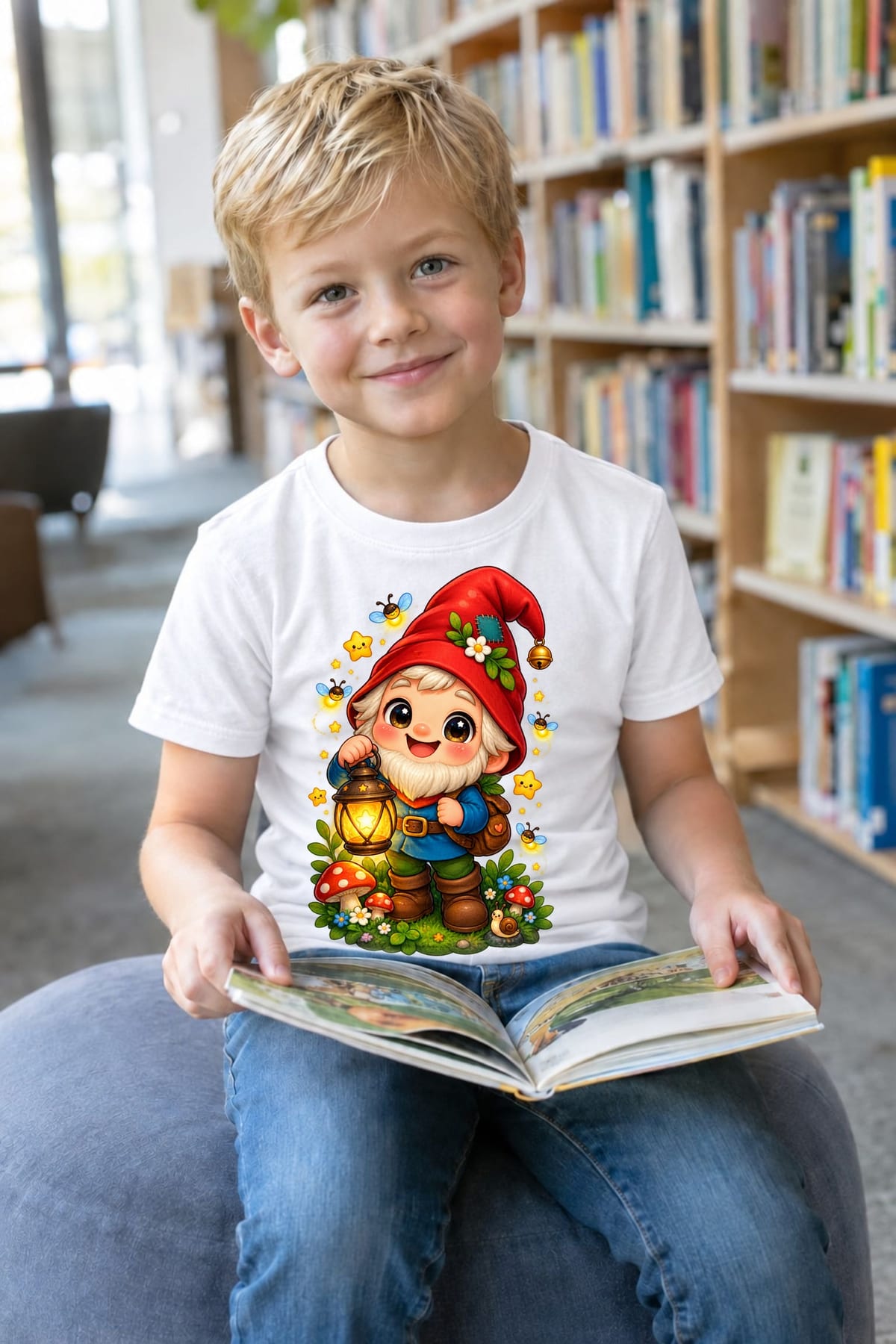 Koszulka z krasnoludkiem dla chłopca biała słodki styl kawaii, zdjęcie 3