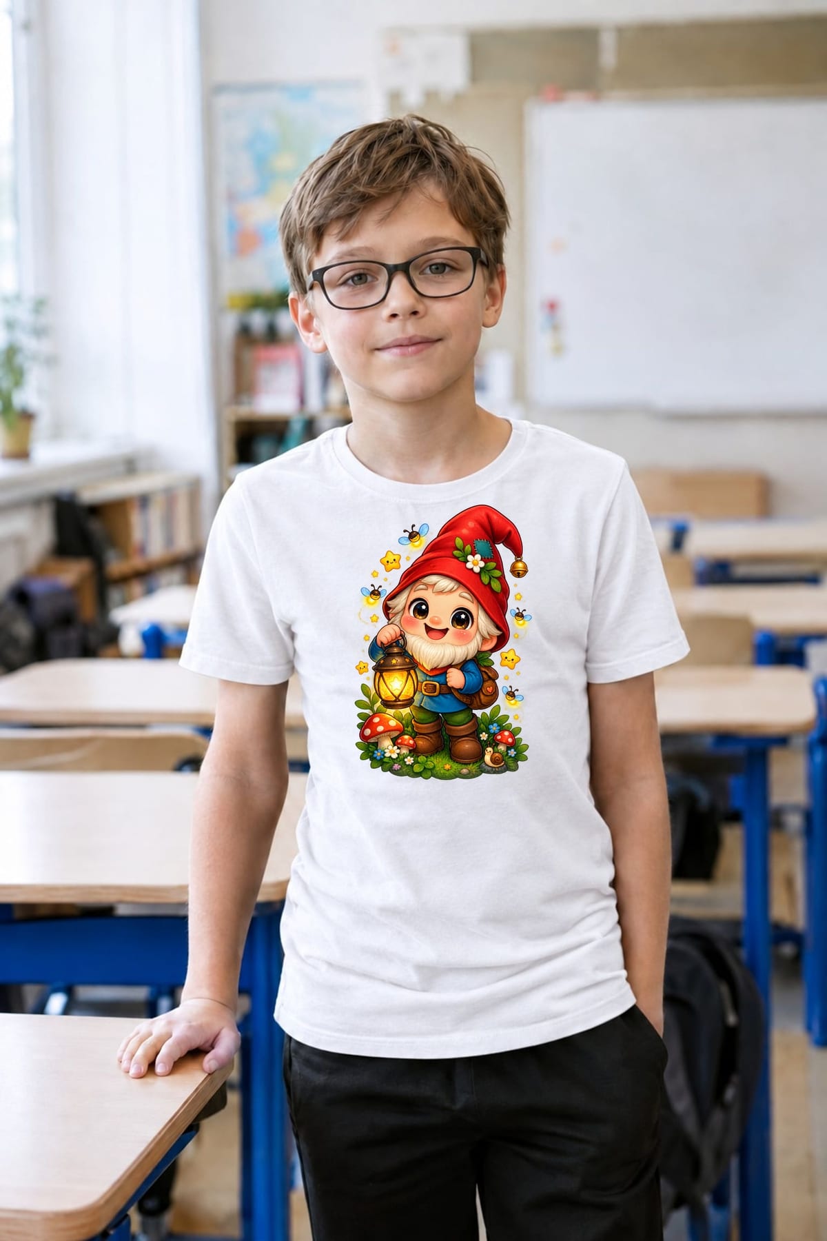 Koszulka z krasnoludkiem dla chłopca biała słodki styl kawaii, zdjęcie 5