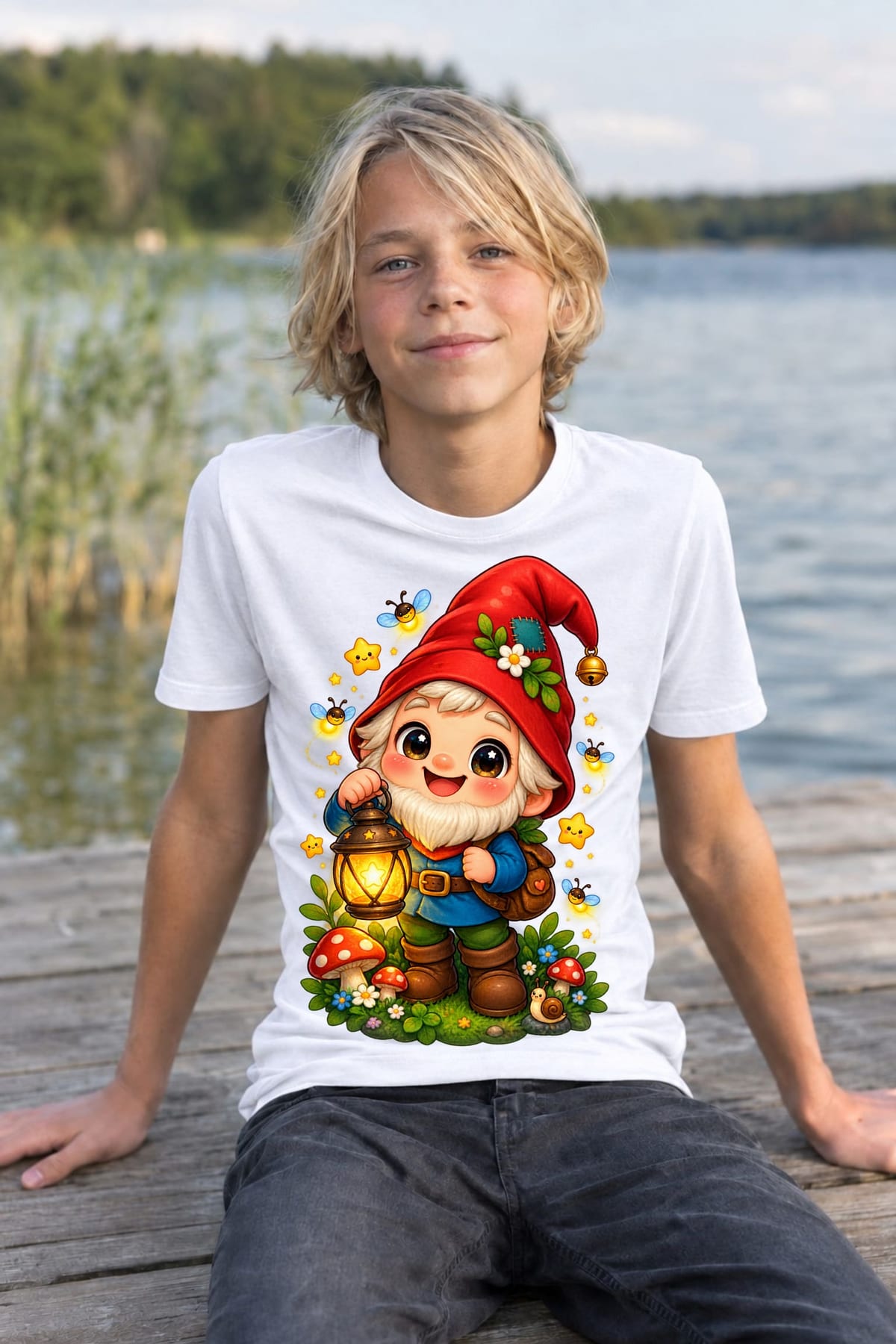 Koszulka z krasnoludkiem dla chłopca biała słodki styl kawaii, zdjęcie 7
