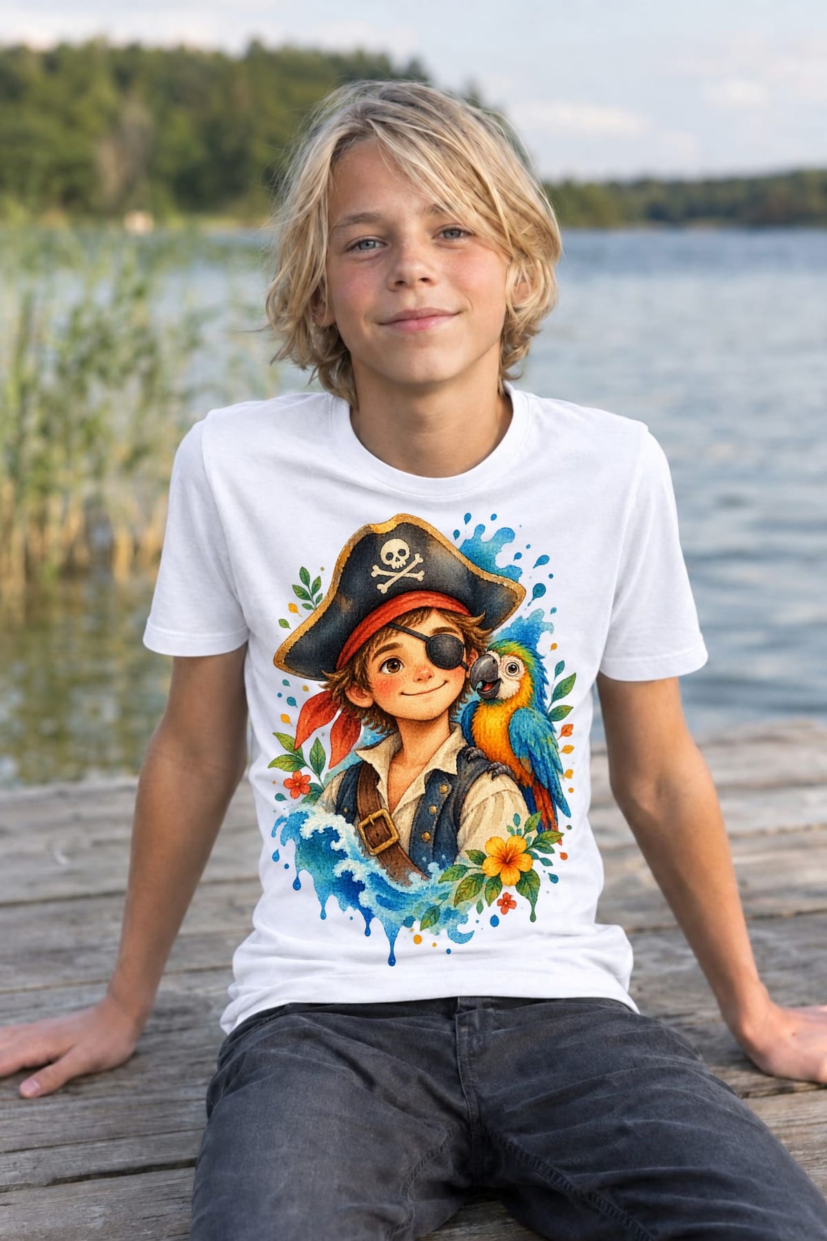Koszulka z piratem dla chłopca biała miękka akwarela, zdjęcie 4