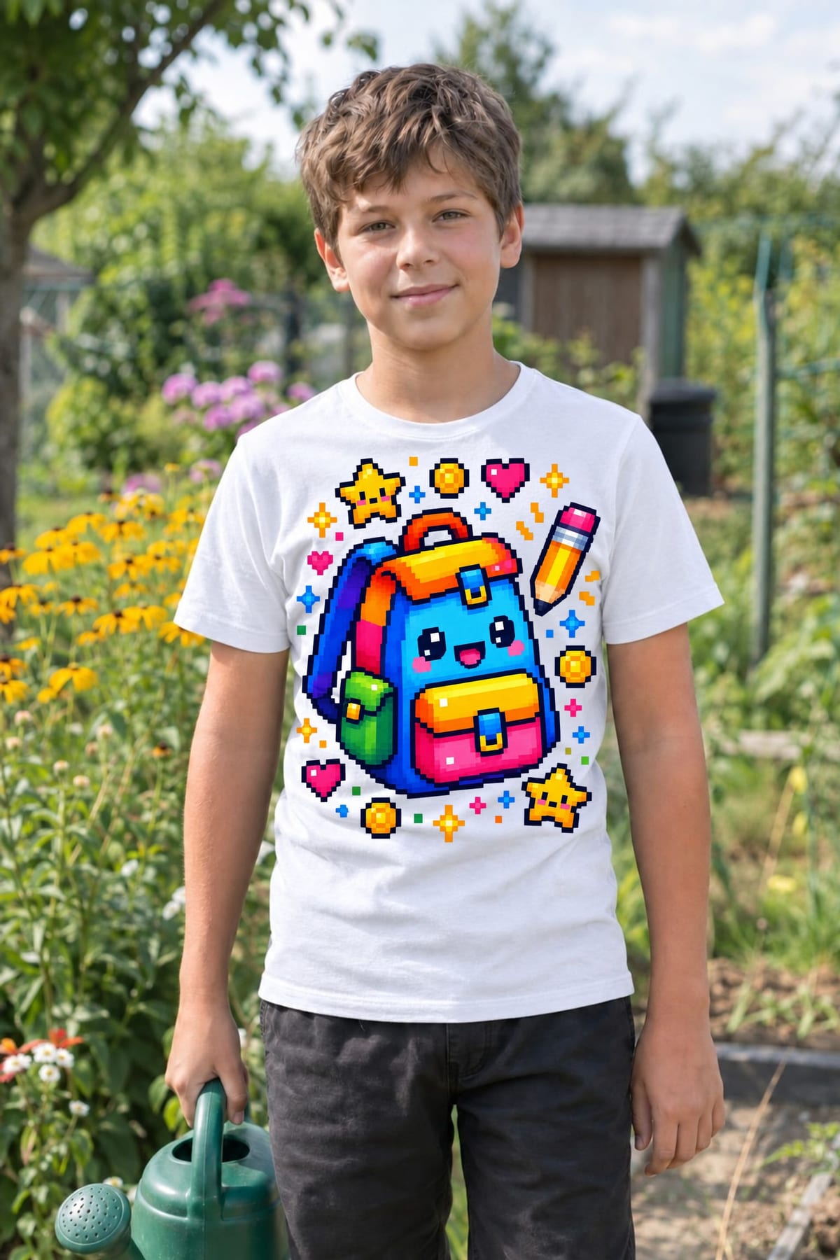 Koszulka z plecakiem pixel art dla chłopca biała blokowy pixel art, zdjęcie 7