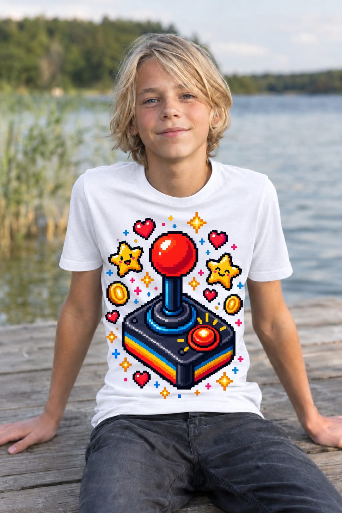 Koszulka z joystickiem dla chłopca biała pixel art w gwiazdkach, zdjęcie 7