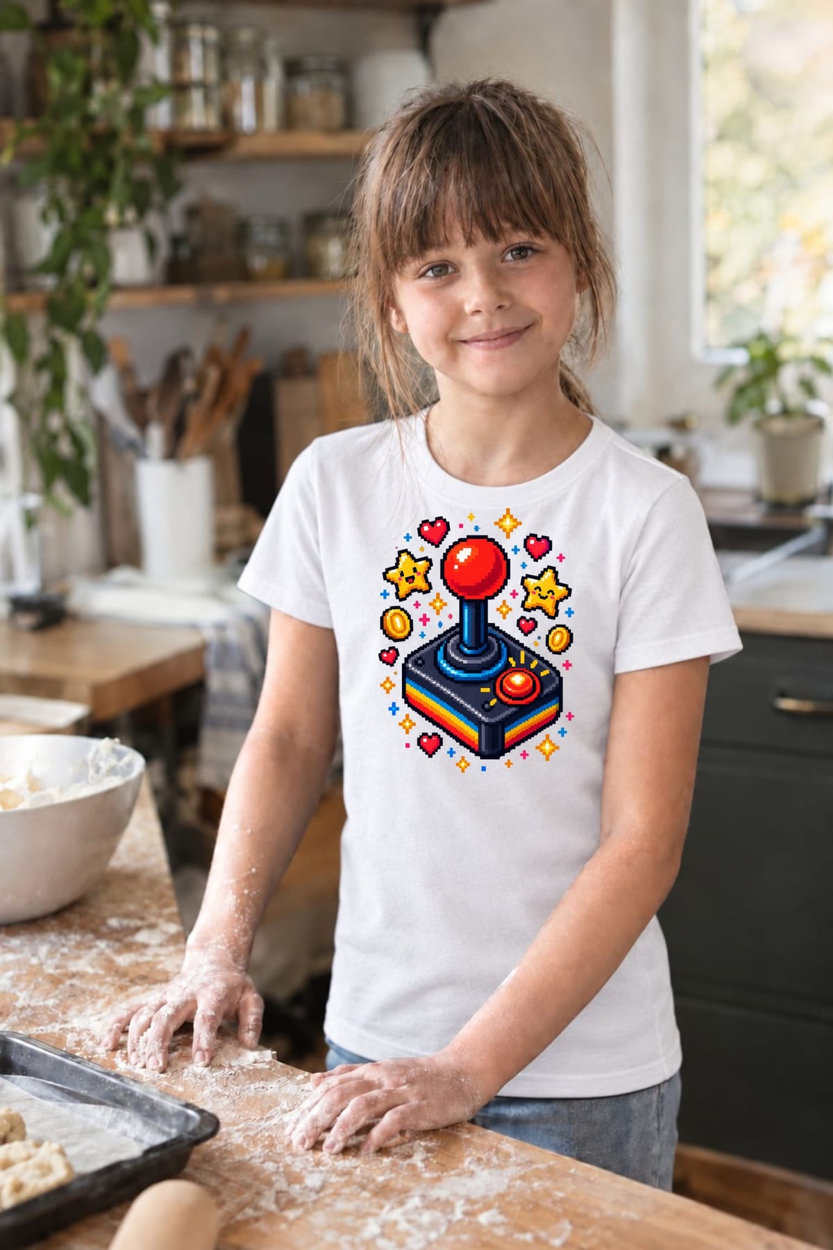 Koszulka z joystickiem dla dziewczynki biała pixel art w gwiazdkach, zdjęcie 8