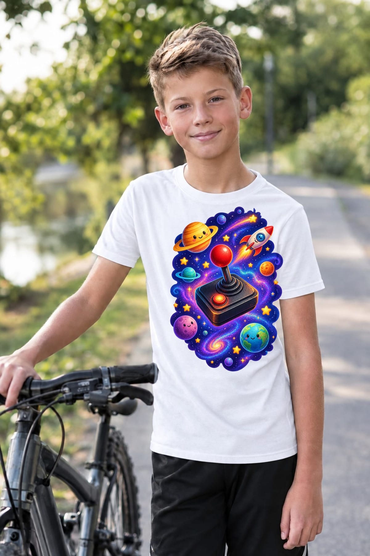 Koszulka z joystickiem kosmicznym dla chłopca biała wśród planet, zdjęcie 5