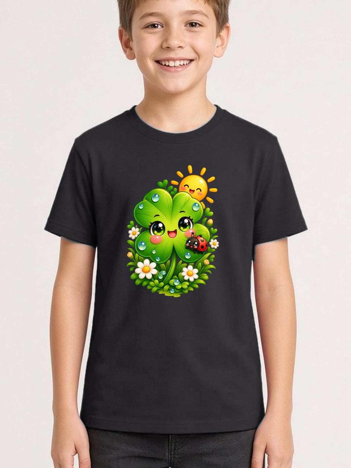 Koszulka z koniczyną dla chłopca czarna słodki styl kawaii