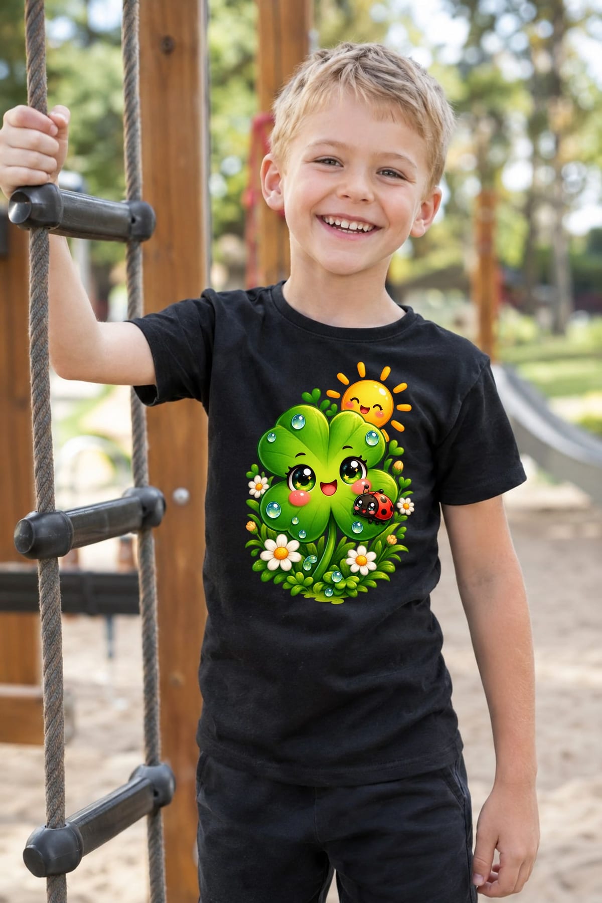 Koszulka z koniczyną dla chłopca czarna słodki styl kawaii, zdjęcie 3