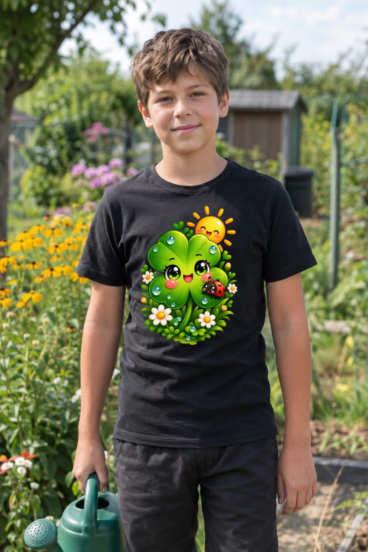 Koszulka z koniczyną dla chłopca czarna słodki styl kawaii, zdjęcie 4