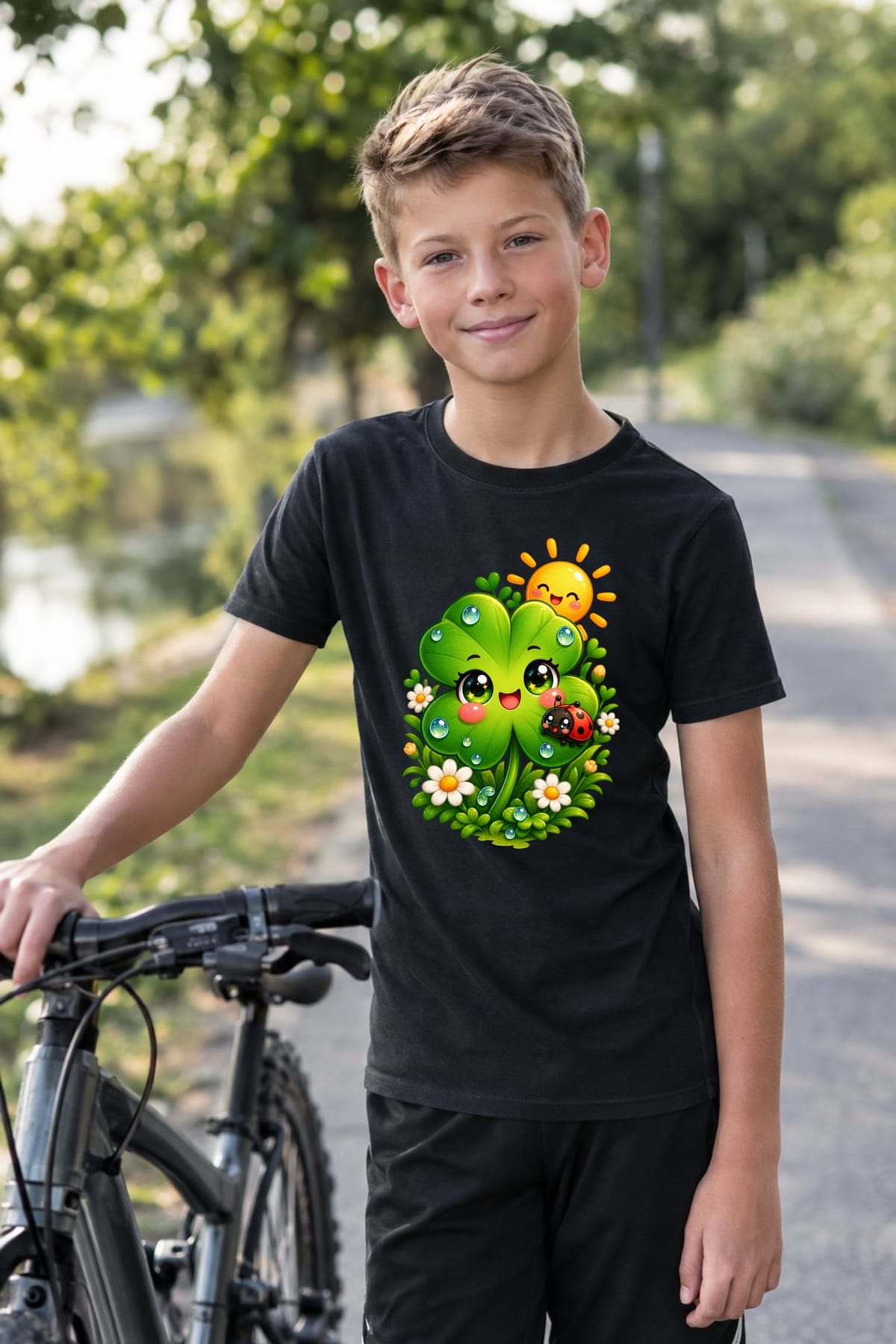Koszulka z koniczyną dla chłopca czarna słodki styl kawaii, zdjęcie 7