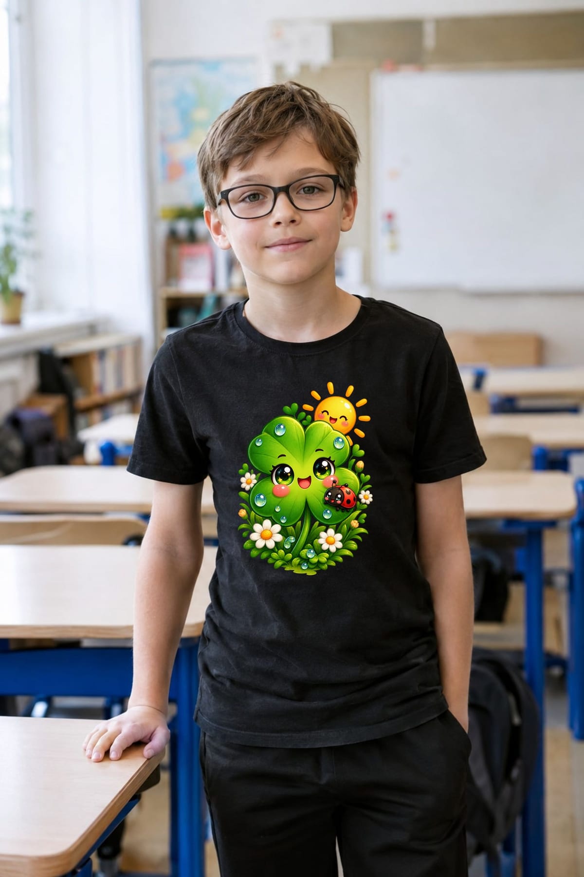 Koszulka z koniczyną dla chłopca czarna słodki styl kawaii, zdjęcie 8
