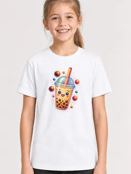 Koszulka z bubble tea z kropek dla dziewczynki biała z kolorowych kropek