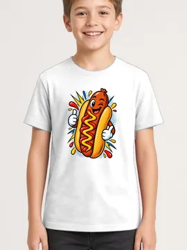 Koszulka z hot dogiem dla chłopca biała komiksowe kontury