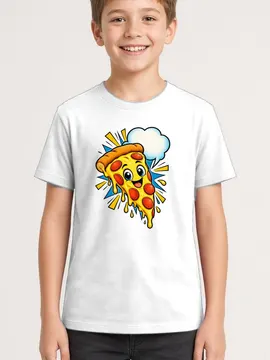 Koszulka z kawałkiem pizzy dla chłopca biała komiksowe linie ruchu