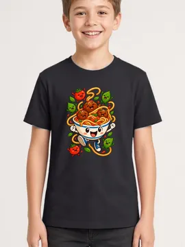 Koszulka ze spaghetti dla chłopca czarna bajkowa scenka z pomidorkiem