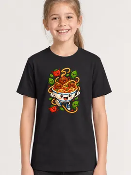 Koszulka ze spaghetti dla dziewczynki czarna bajkowa scenka z pomidorkiem