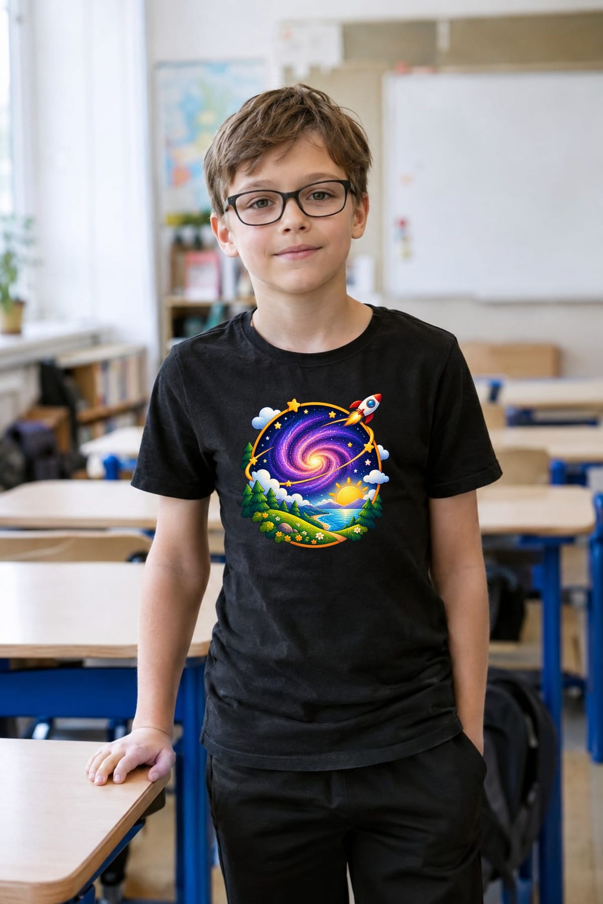Koszulka z kosmiczną odznaką dla chłopca czarna okrągła odznaka kosmiczna, zdjęcie 3