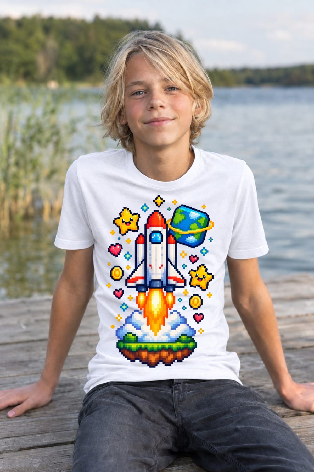 Koszulka z rakietą kosmiczną dla chłopca biała pixel art retro, zdjęcie 7